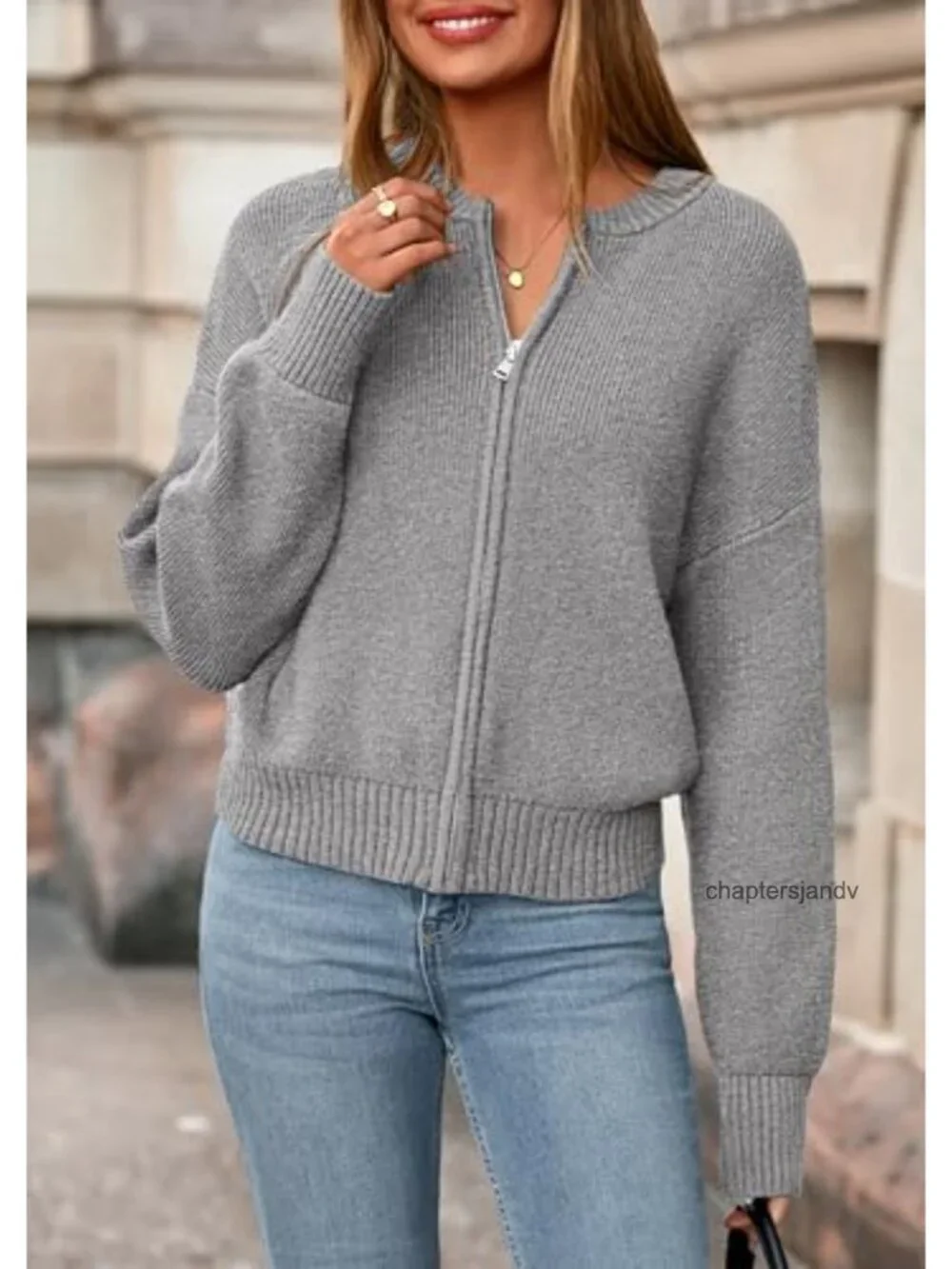 Chunky Knit Zipper Cardigan Sweater Open Front Loose Cropped Long Sleeve